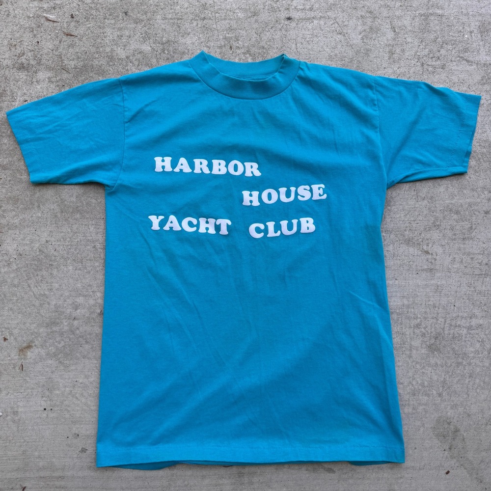 Vintage 80s Harbor House Yacht Club T-Shirt Blue Made in USA Large Mens